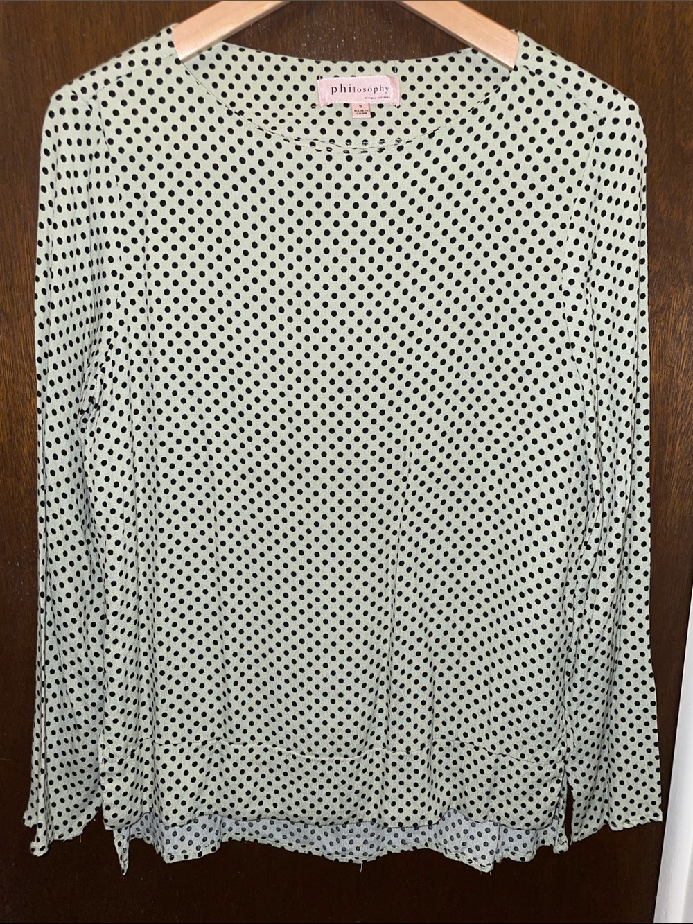 Philosophy size S light green/black polkadot rayon blouse